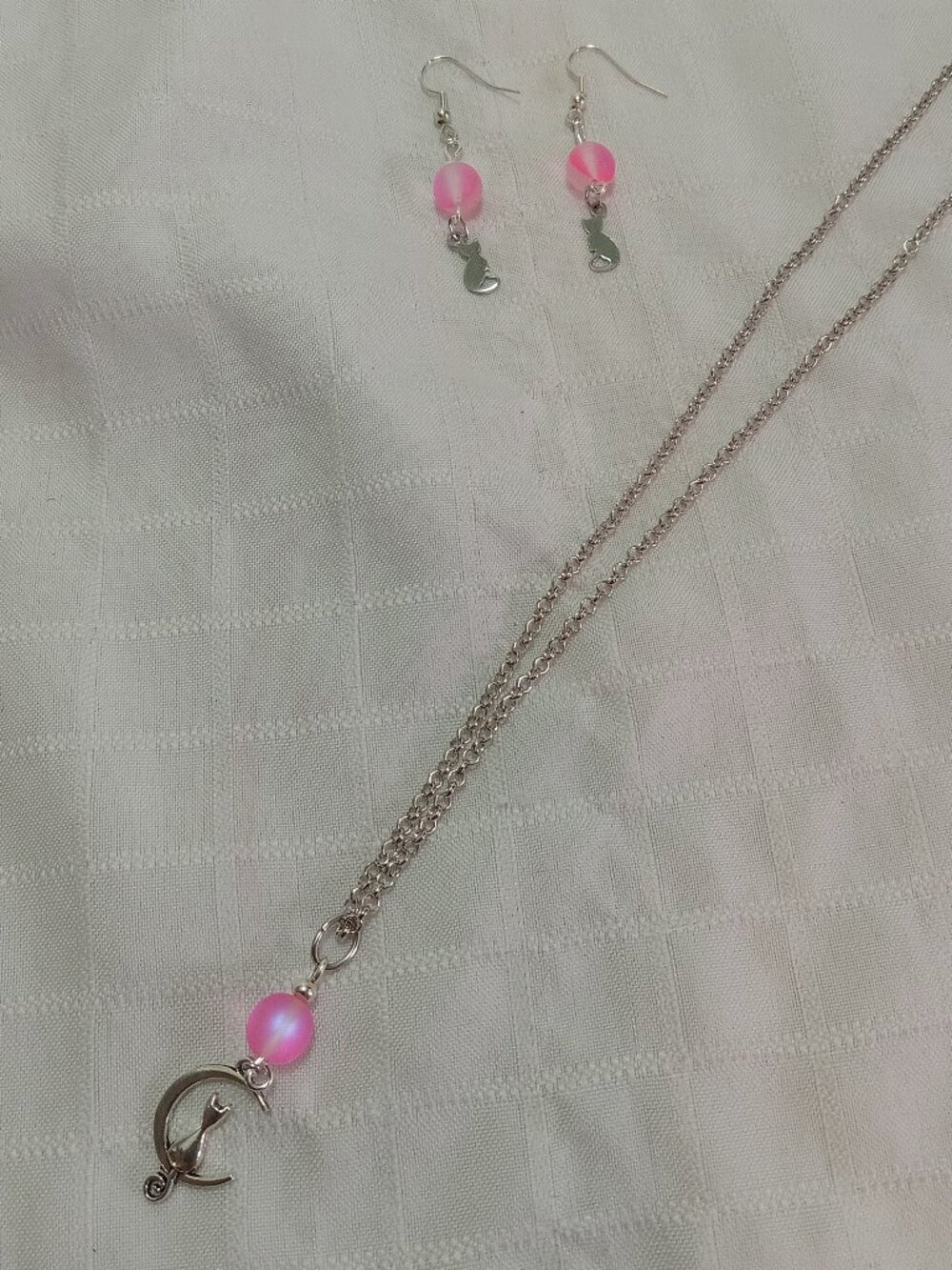 Handmade jewerlry set with chain, cat charms and earrings